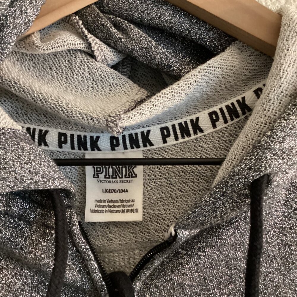 PINK Victoria’s Secret Hoodie Women's Jacket Large – Gray, Sequin Logo, Full Zip - Picture 8 of 9